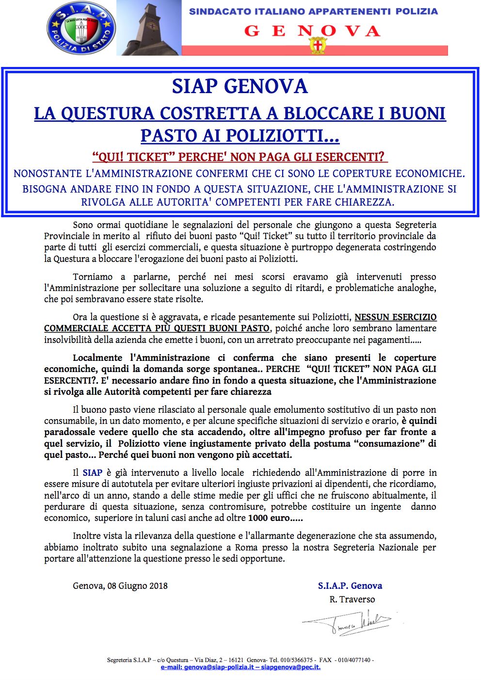 Qui!Ticket, SIAP denuncia: "La questura costretta a bloccare i buoni pasto ai poliziotti"
